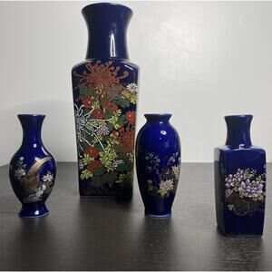 Vintage Japanese Porcelain 4pc VASE SET - Cobalt Blue Floral